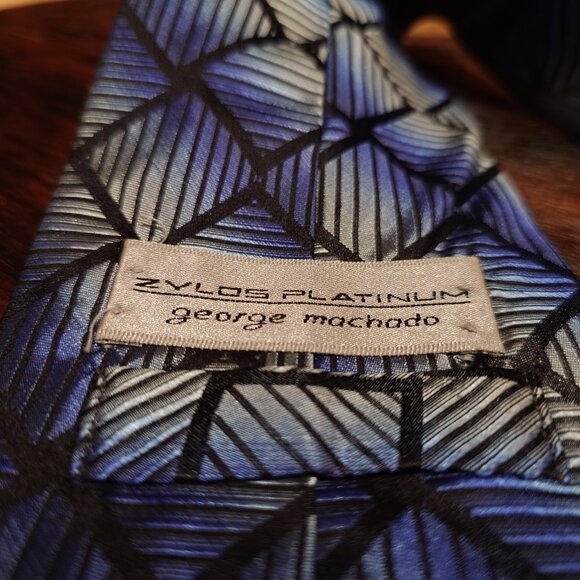 Zylos Platinum by George Machado Blue and Black Striped Squares Silk Tie - Picture 3 of 4